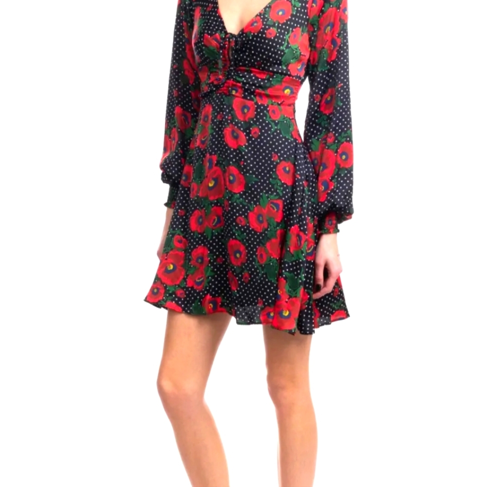 FREE PEOPLE Fit & Flare Dress Size XS Floral & Polka Dot Pattern Shirred Cuffs - Picture 4 of 4